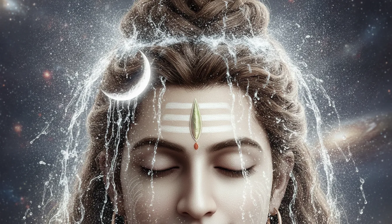 A cinematic depiction of the river Ganga cascading down from the matted hair of Lord Shiva.