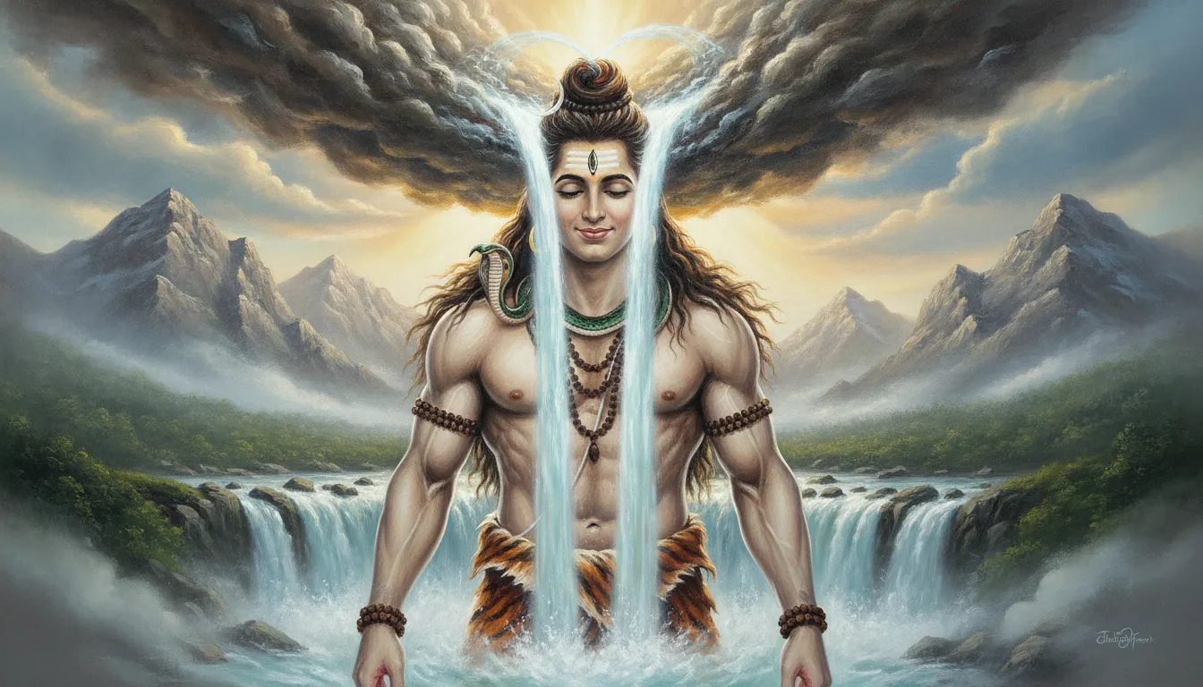 Holy river Ganga descending from the matted hair of Lord Shiva.