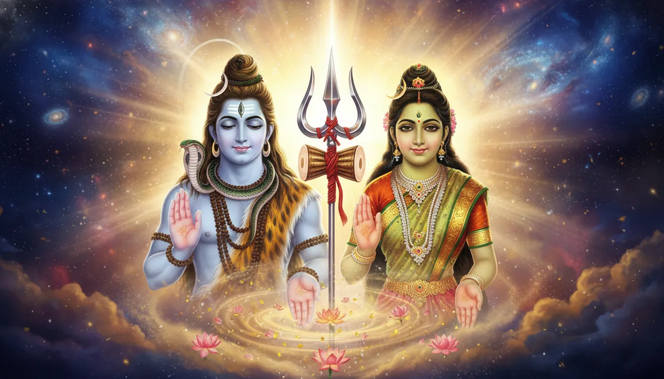 shiva gauri celestial blessing pose glowing trishul snake kailash background