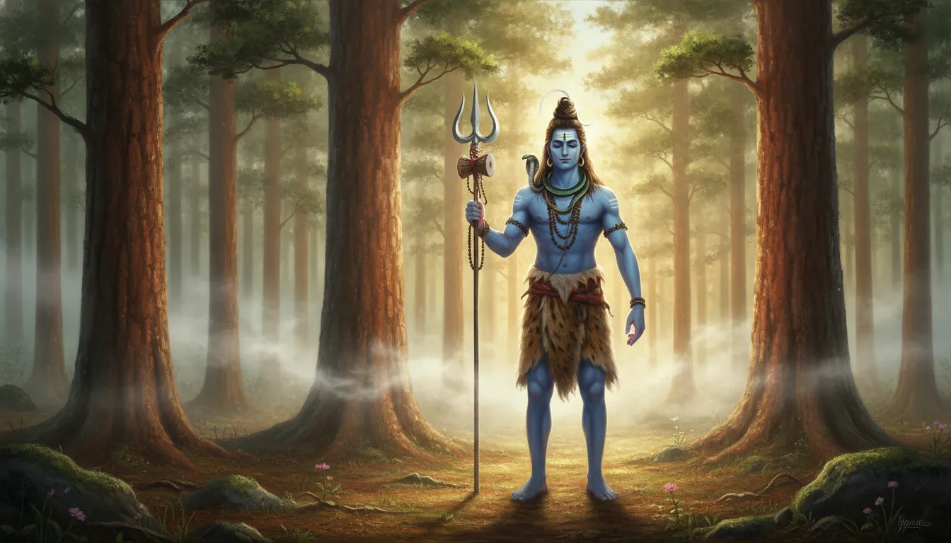 Lord Shiva standing peacefully holding his Trishul among tall green pine trees during a soft morning sunrise.