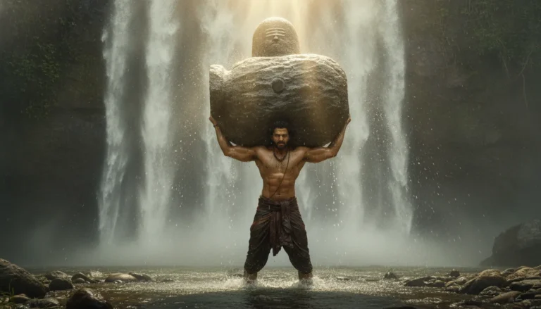 Shivudu lifting a massive stone Shivling under a giant waterfall in Bahubali movie