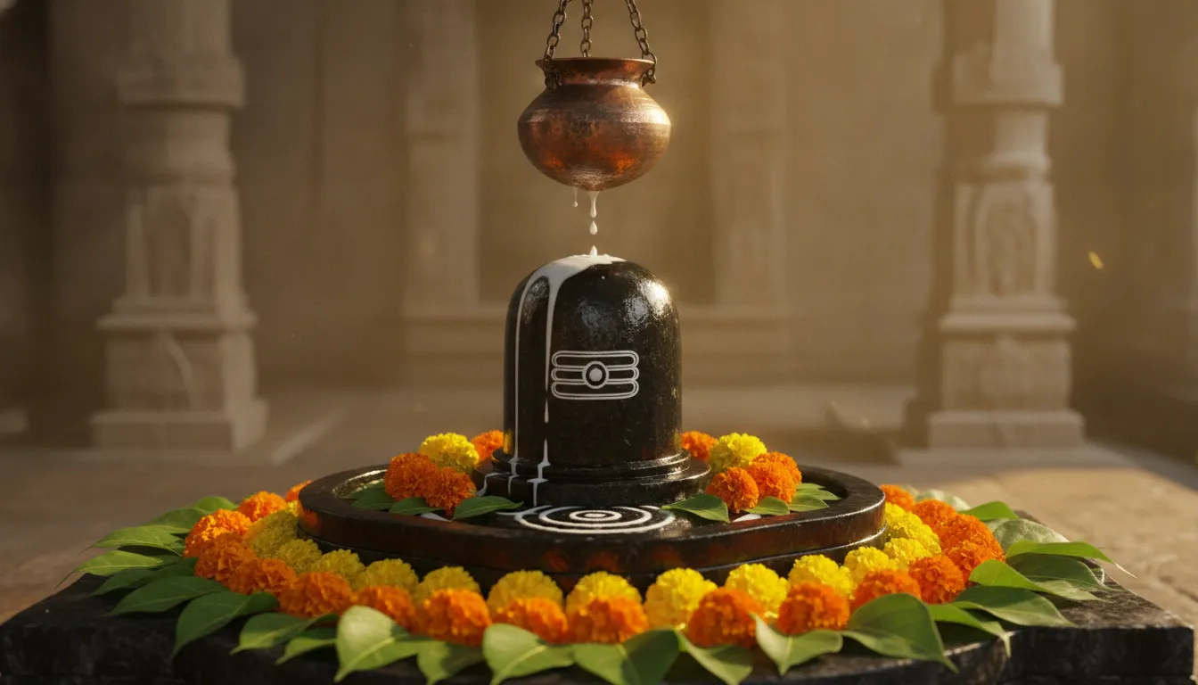 A beautiful stone Shiva Lingam being worshipped with water, milk, and bael leaves.