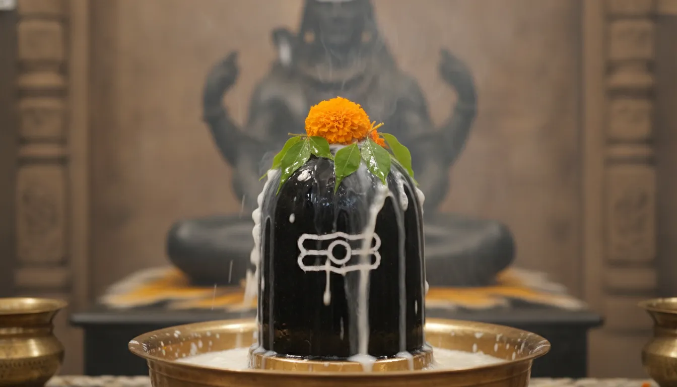 Har har mahadev ki photo showing a sacred Shiva Lingam with milk and Bael leaves.