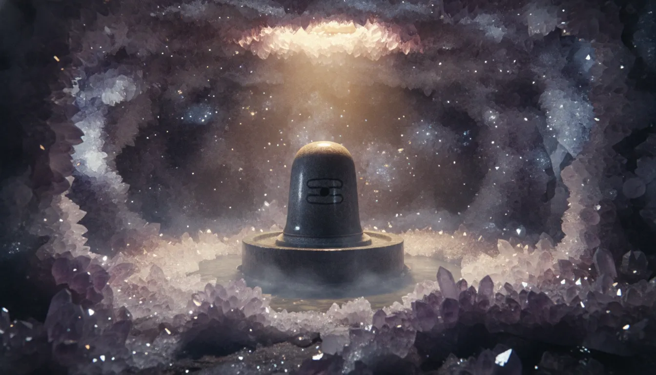 A sacred stone Shiva Lingam sitting inside an underground cave filled with sparkling quartz crystals.