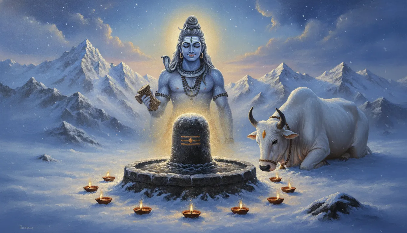Lord Shiva and Nandi watching a glowing Shiva Lingam surrounded by thick white snow in the high mountains.