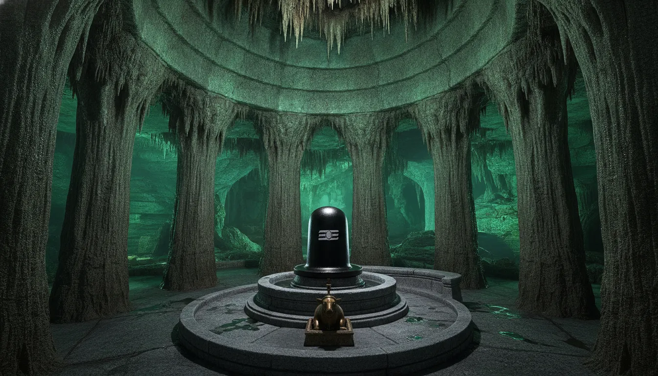 A grand Shiva Lingam centered underneath massive, breathtaking stalactite formations in a cave.