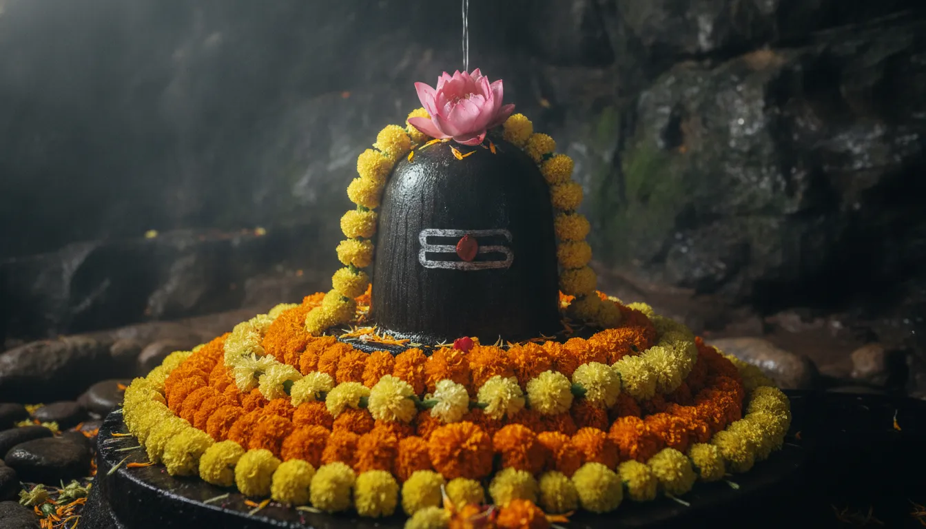A dark stone Shiva Lingam adorned with bright marigolds and lotus flowers inside a cave.