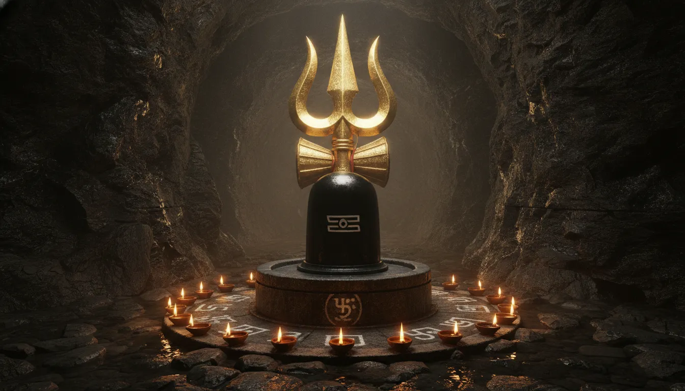 A sacred Shiva Lingam with a gleaming golden Trishul standing guard in a dark cave.