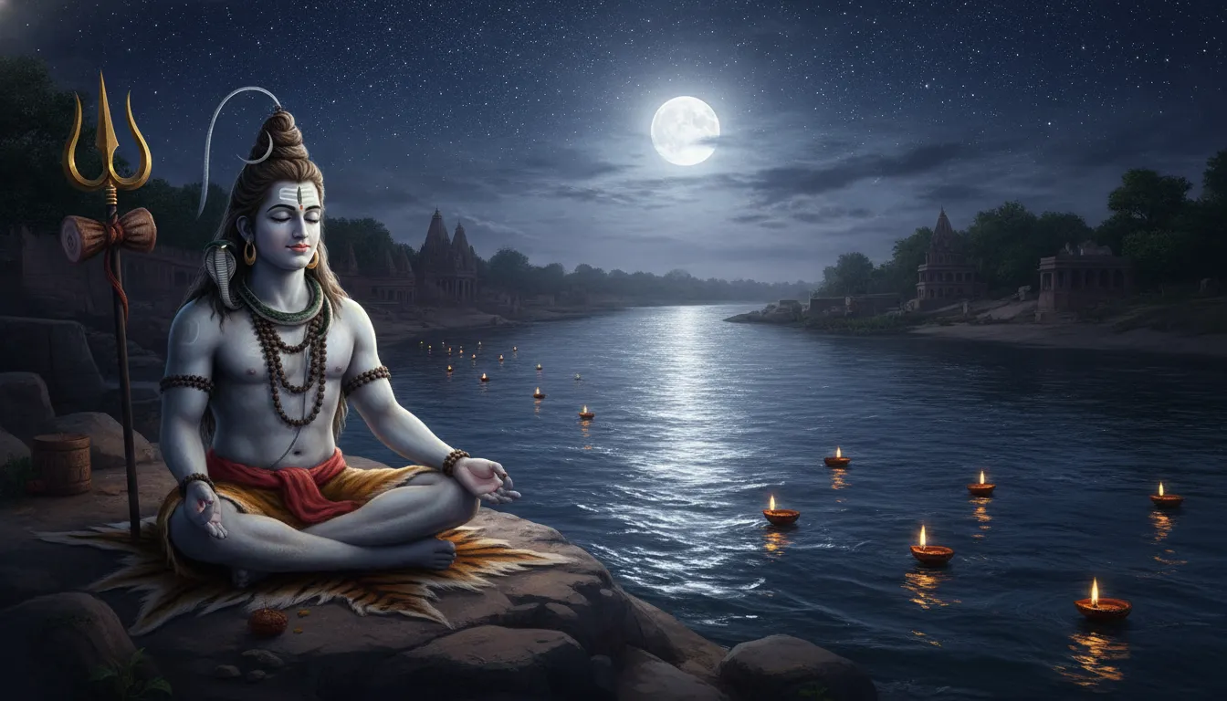 Peaceful har har mahadev hd photo of Shiva meditating by the river Ganga under starlight.