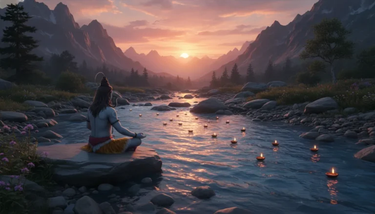 Lord Shiva sitting in meditation on a riverbank with clear blue water flowing past him.