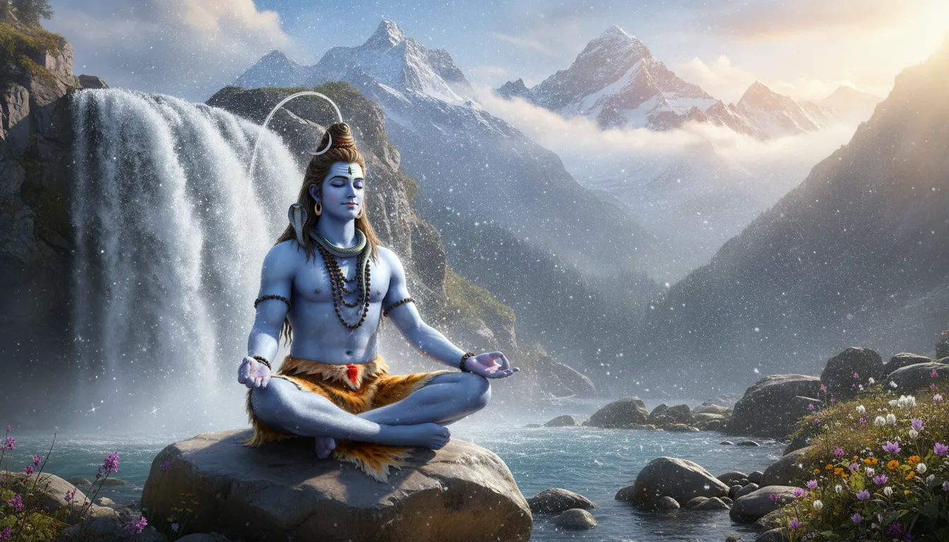 Lord Shiva meditating in a meditative pose on a rock next to a cascading waterfall in the snow-capped Himalayan mountains.