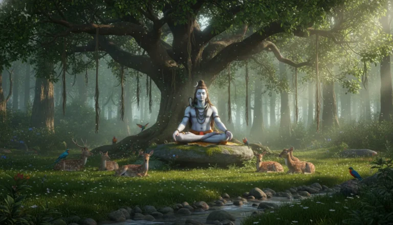 Lord Shiva sitting in meditation inside a magical green forest with sunbeams cutting through the trees.