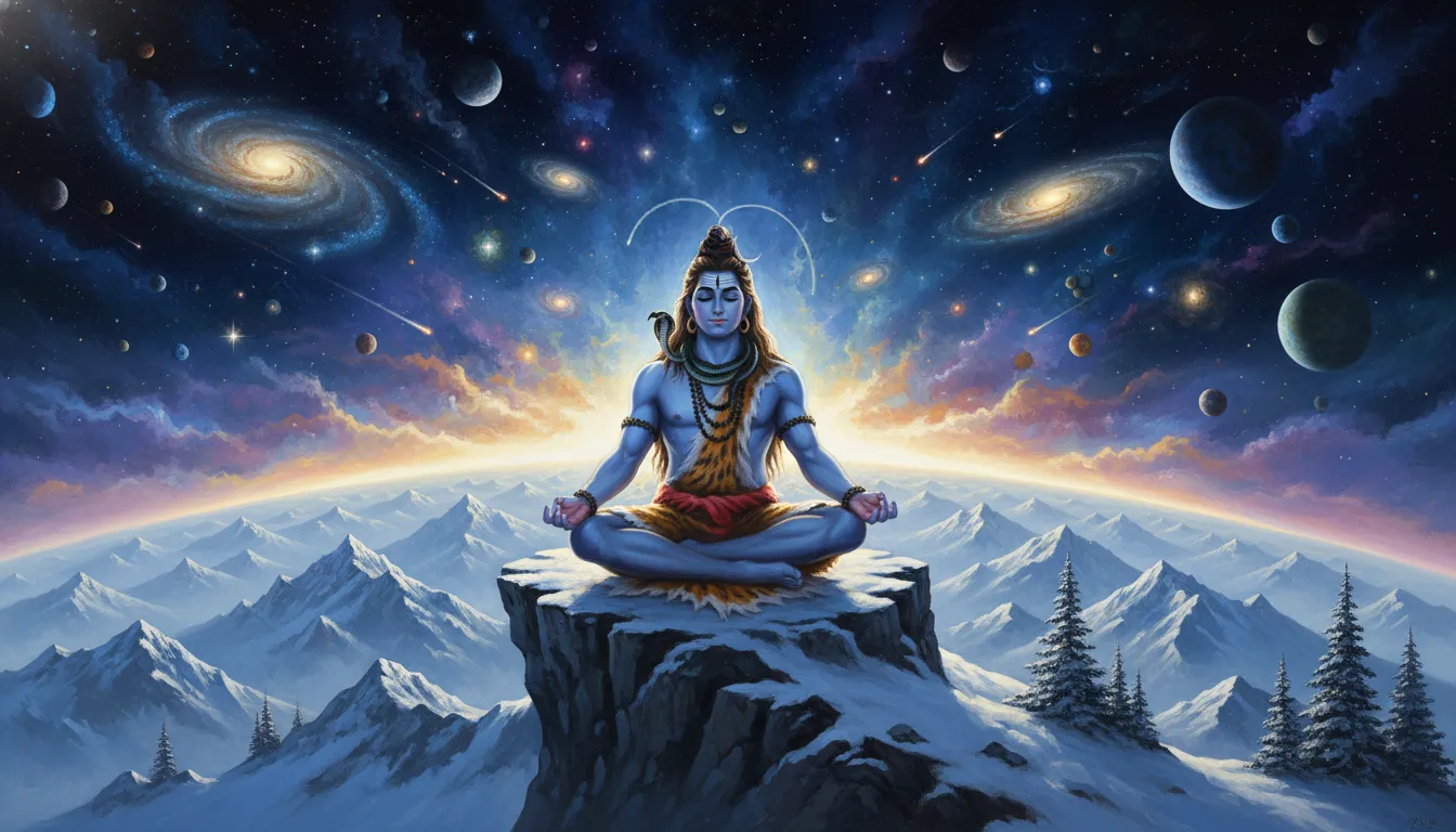 Lord Shiva sitting peacefully at the edge of the universe with mountains in the background.