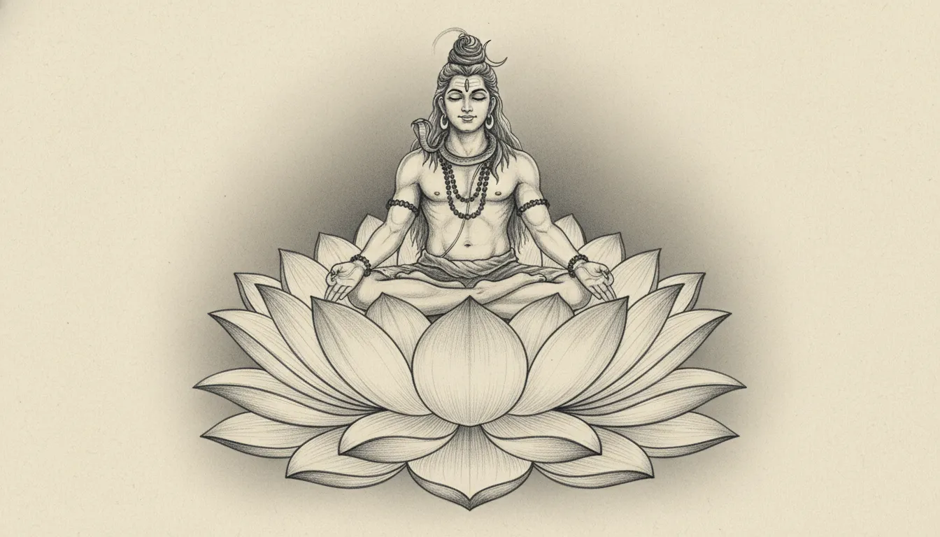 An artistic sketch of Lord Shiva meditating while seated on a massive blooming lotus flower base.