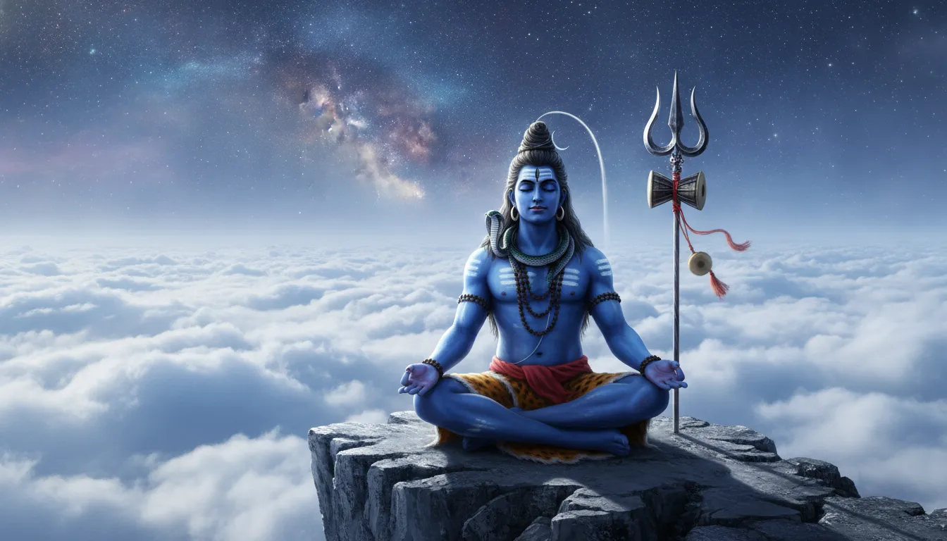 Lord Shiva in deep meditation on a mountain cliff with his divine Trishul standing beside him.