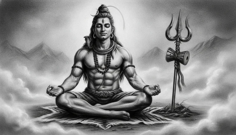 A dramatic charcoal sketch of Lord Shiva meditating next to his holy Trishul and Damru amidst mountain mist.