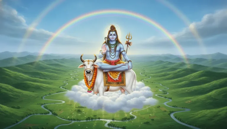 Lord Shiva on Nandi floating above green valleys, showering divine blessings.
