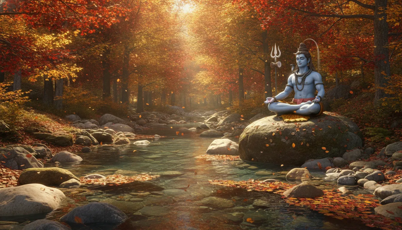 Lord Shiva meditating in a meditative pose on a rock next to a cascading waterfall in the snow-capped Himalayan mountains.