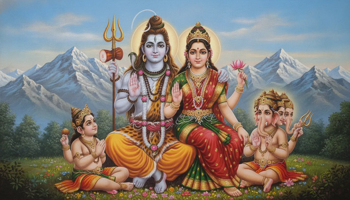 Lord Shiva and Goddess Parvati raising their hands in a blessing gesture toward Ganesha and Kartikeya.