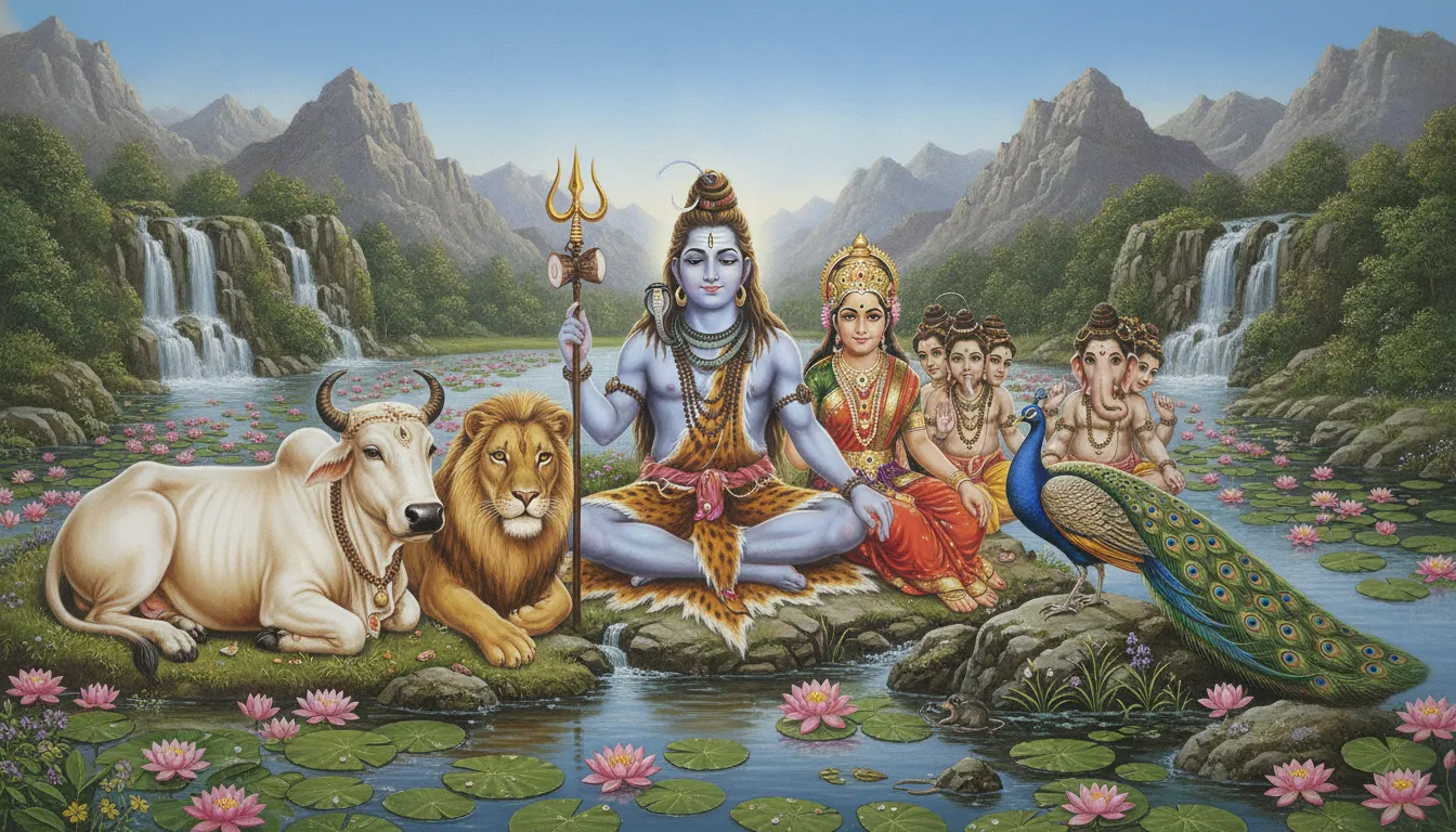 A unique painting showcasing the divine family alongside Nandi the bull, the lion, the peacock, and the mouse living in harmony.