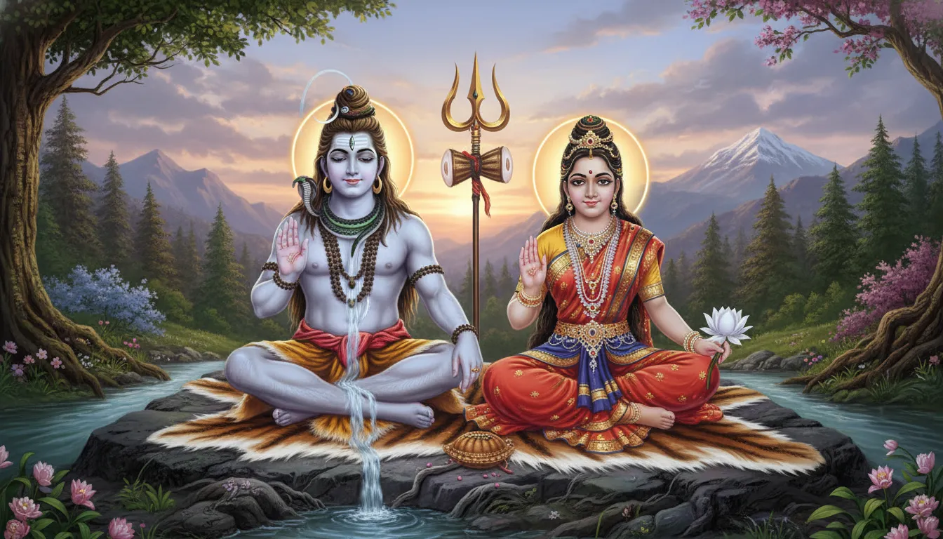 shiva parvati abhaya mudra blessing position trishul holy river ganga hd