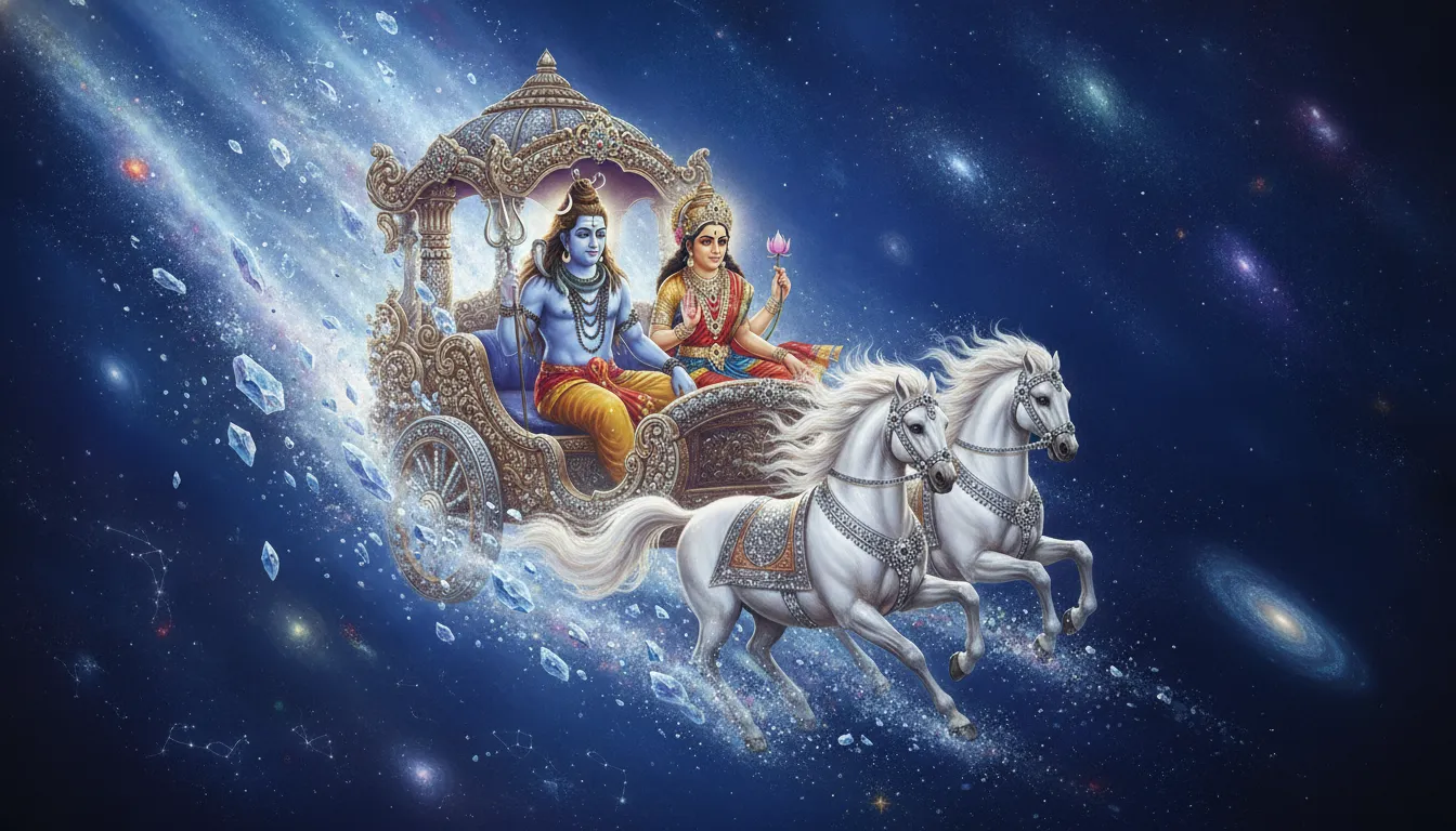 Lord Shiva and Parvati on a chariot cutting through a bright glowing comet trail