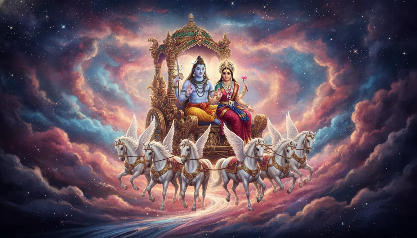 Lord Shiva and Parvati on a decorated chariot inside the glowing Orion Nebula