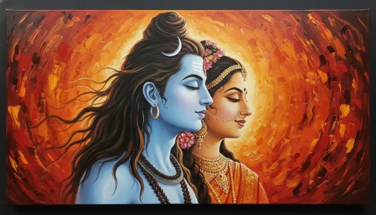 Devotional canvas art of Lord Shiva and Parvati with closed eyes, intricate golden jewelry, and cosmic blue artistic backdrop.