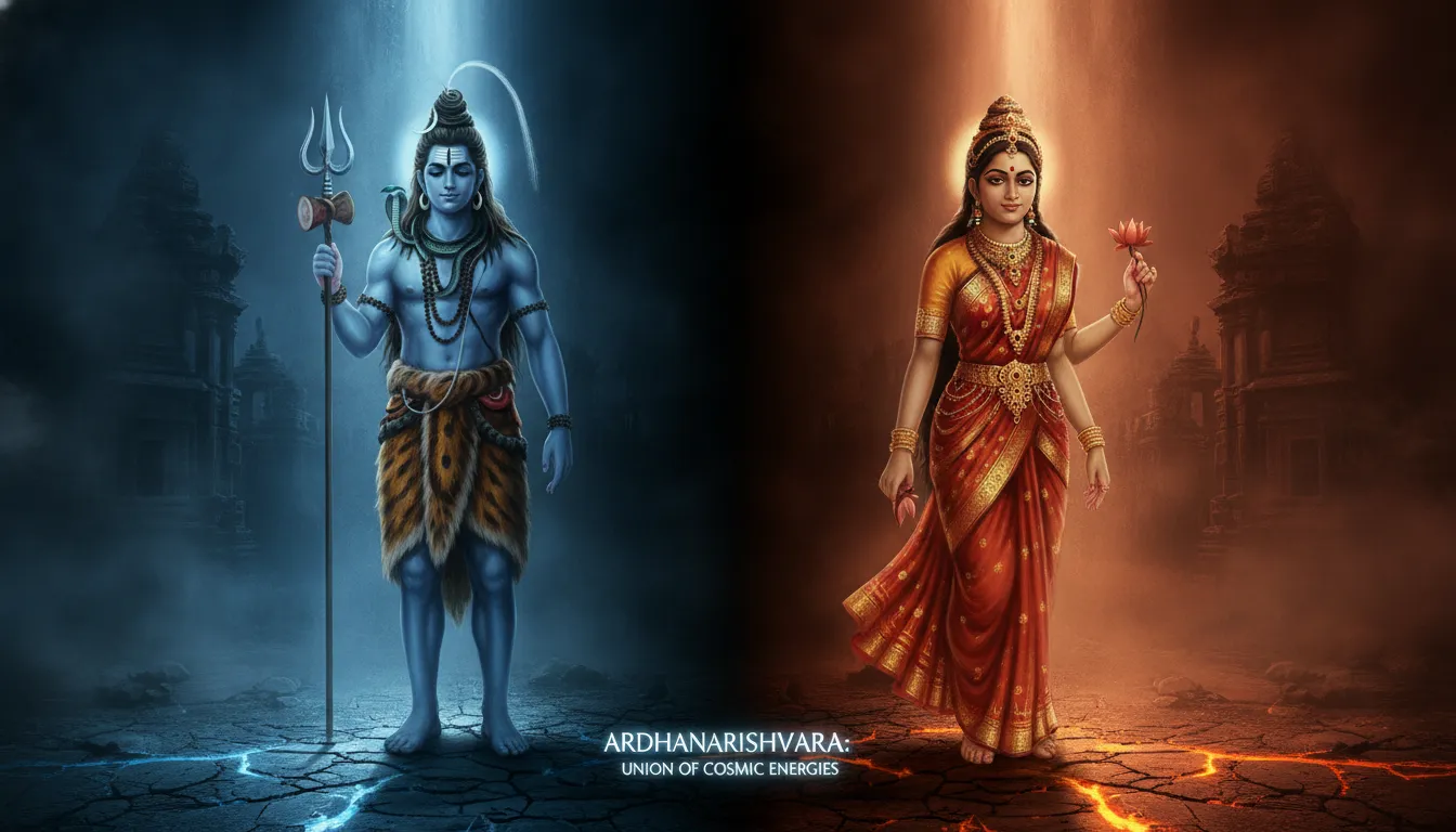 Dark artistic portrait showing the perfect symmetrical union and balance of Shiva and Parvati