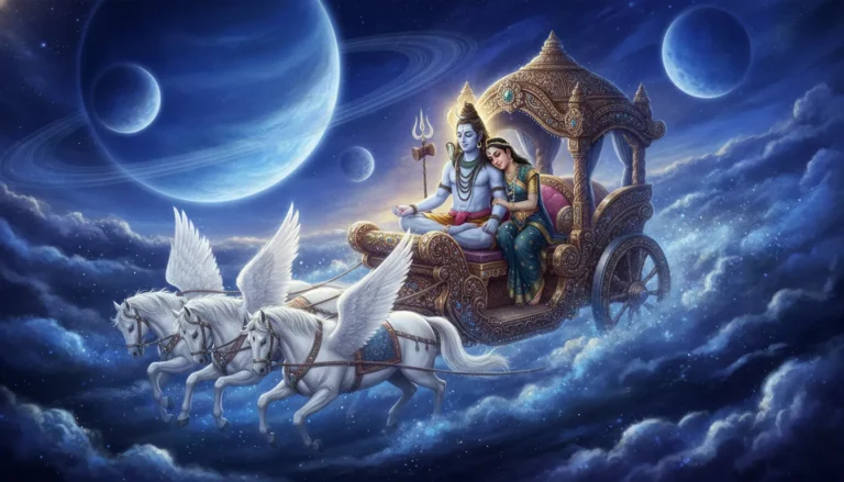Shiva and Parvati sitting peacefully on a floating chariot surrounded by distant planets