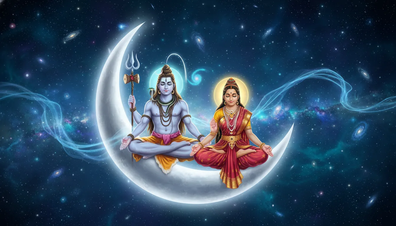lord shiva goddess parvati meditating on crescent moon in space