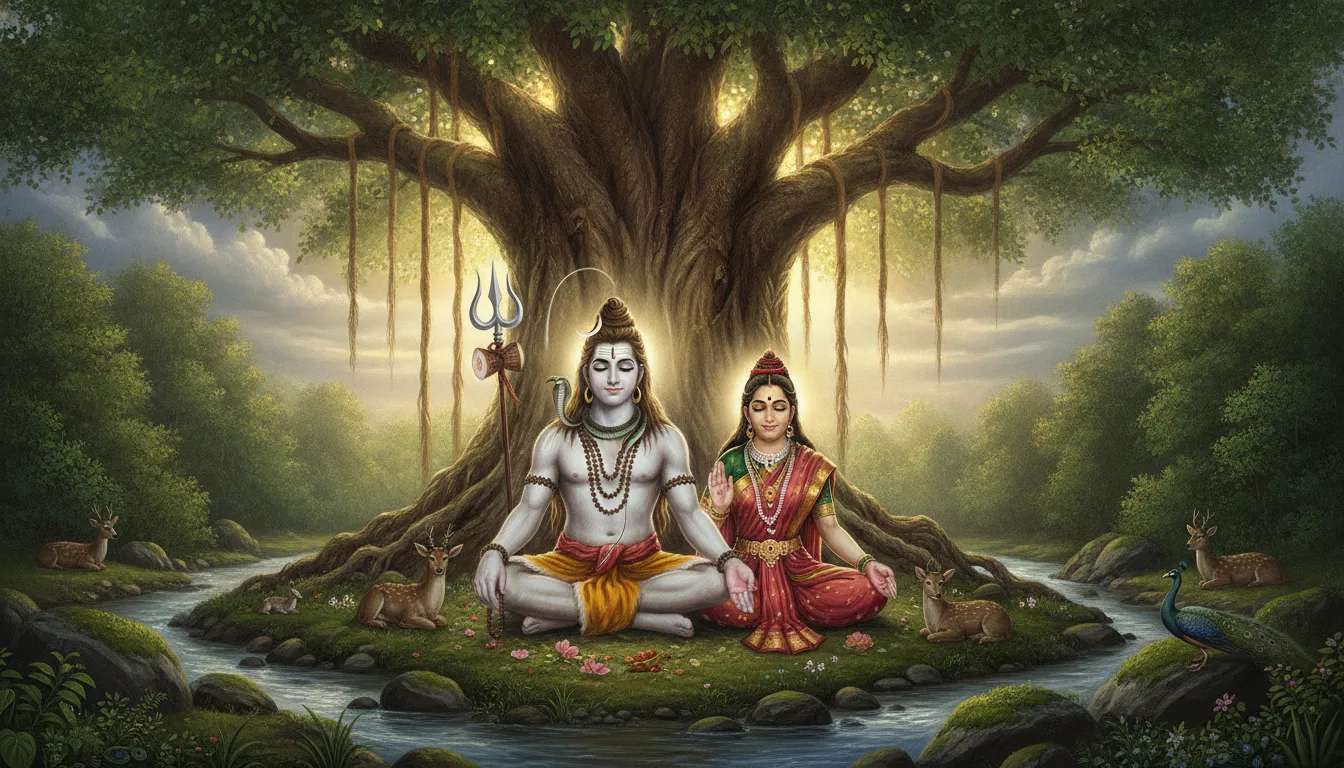 Lord Shiva and Parvati meditating together under a banyan tree