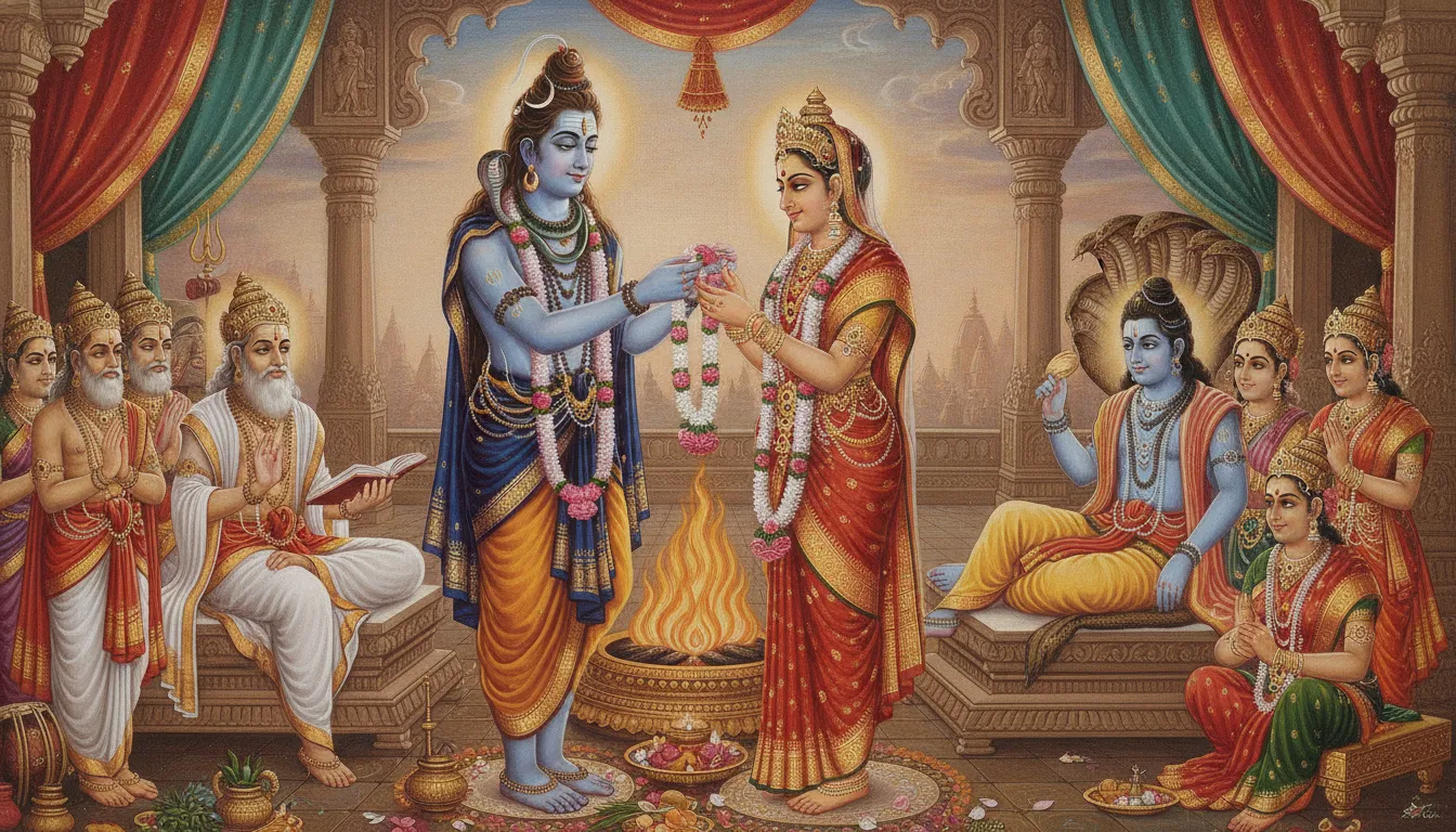 Traditional Indian artwork of Shiva and Parvati wedding Kalyanam