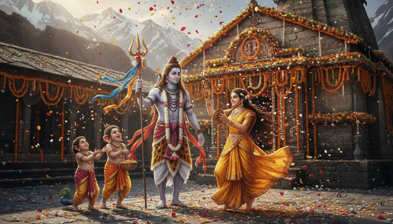 Shiva, Parvati, and their sons celebrating the arrival of spring with flowers outside a mountain temple.