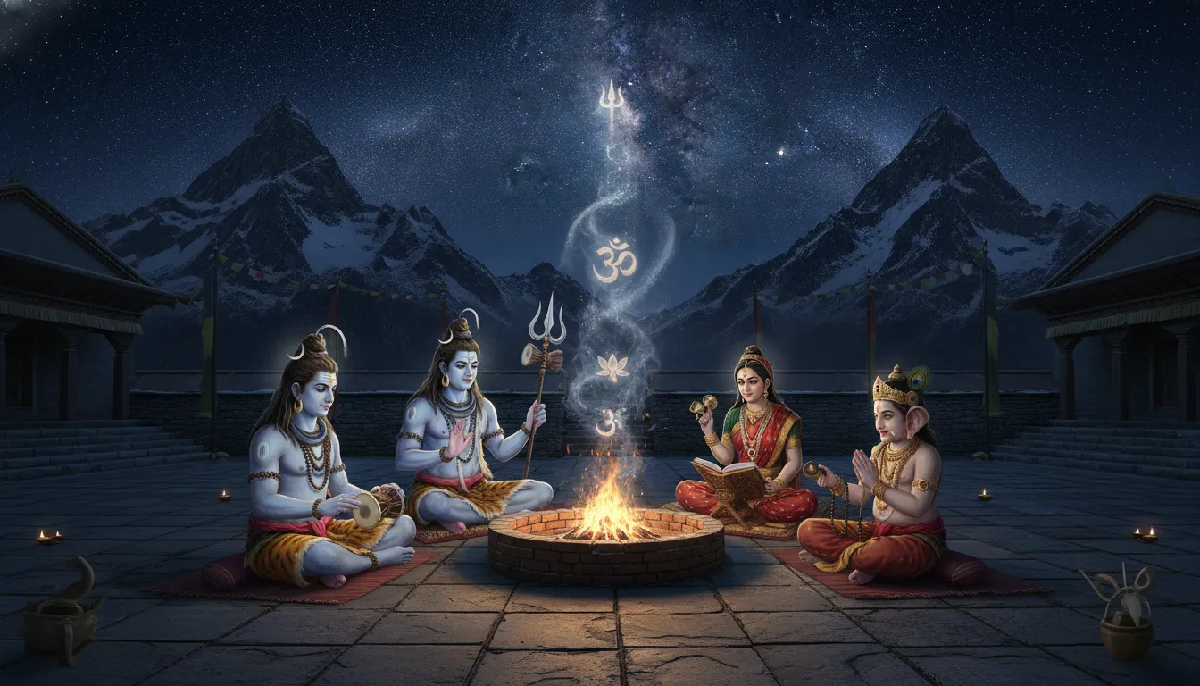The holy family chanting scriptures together around a sacred fire pit in a Himalayan temple.
