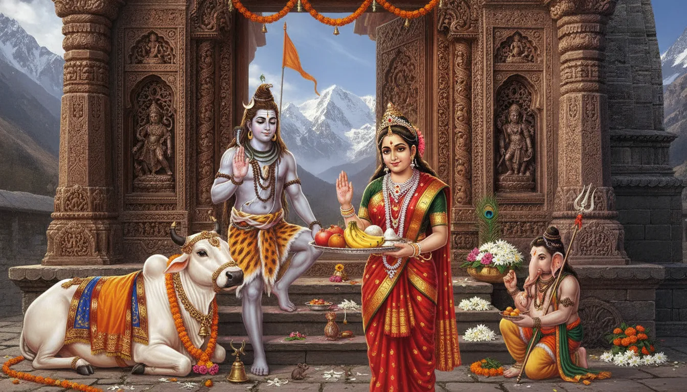 Goddess Parvati and Lord Shiva distributing prasad to devotees at the entrance of a high-altitude temple.