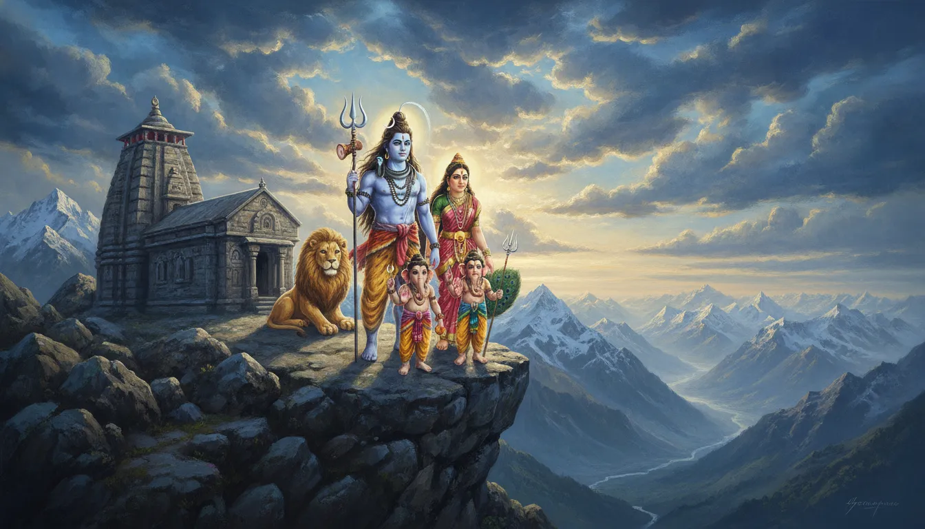 Shiva, Parvati, and family standing protectively on a high temple cliff overlooking the Himalayan range.