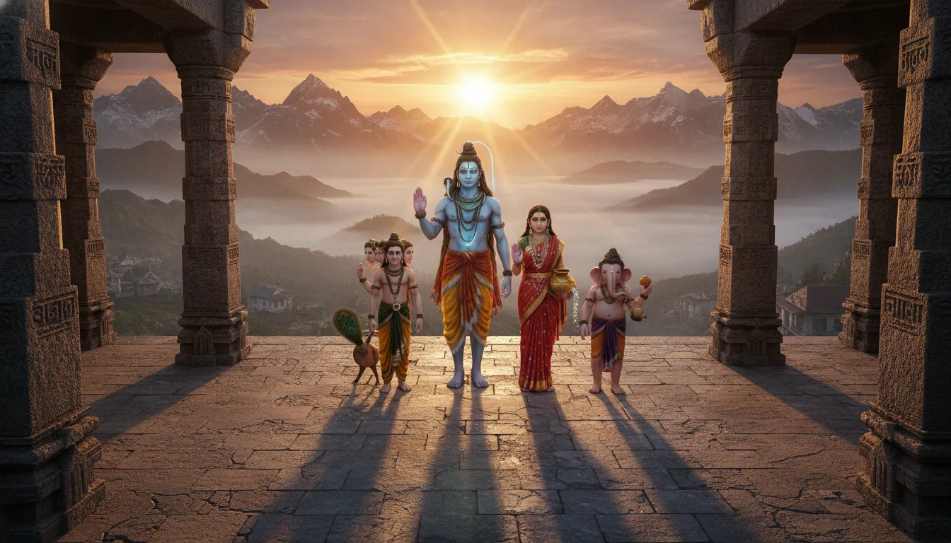 Lord Shiva and Parvati blessing the universe from a temple terrace during a golden Himalayan sunrise.