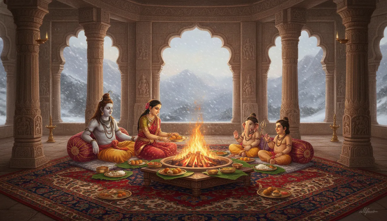 Shiva and Parvati enjoying traditional food with Ganesha and Kartikeya inside a warm mountain temple hall.
