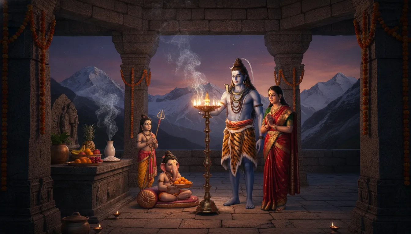 Shiva and Parvati with Ganesha and Kartikeya performing evening aarti inside a glowing Himalayan stone temple.