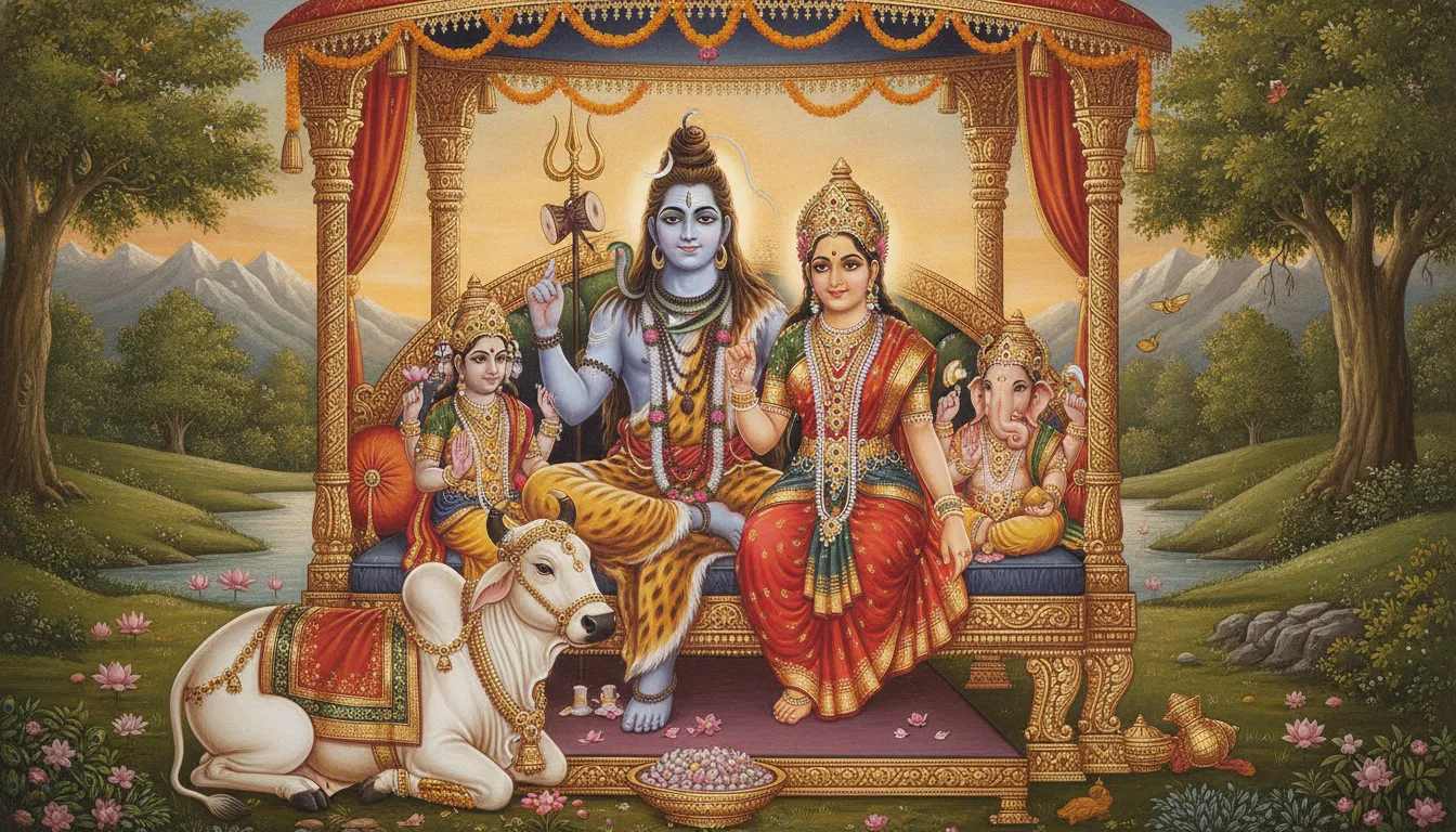 Lord Shiva and Parvati seated with Ganesha and Kartikeya in a colorful devotional image