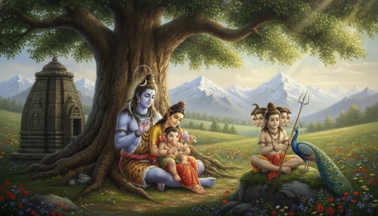 Divine family of Lord Shiva, Parvati, Ganesha, and Kartikeya resting under a banyan tree near a mountain shrine.