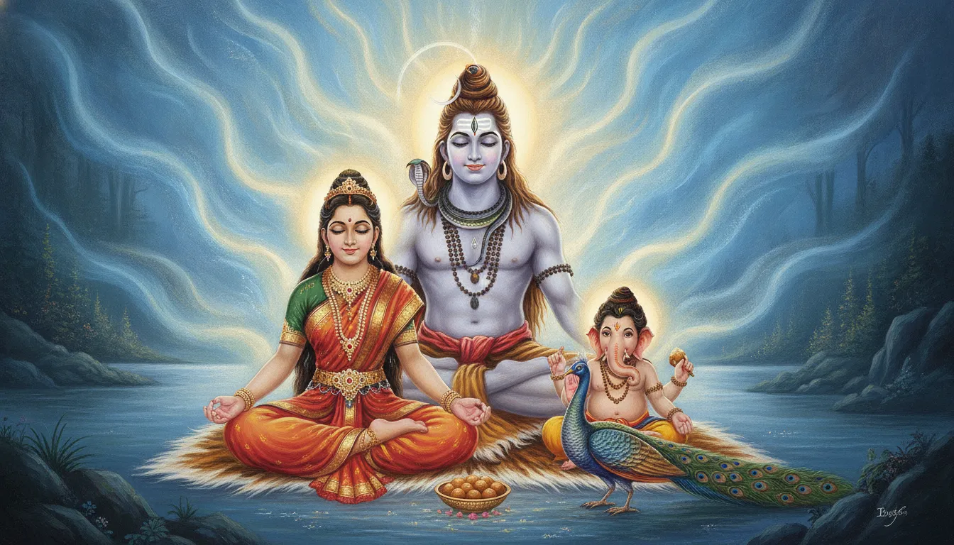 Meditative Shiva Parvati family portrait with Ganesha and Kartikeya surrounded by spiritual aura