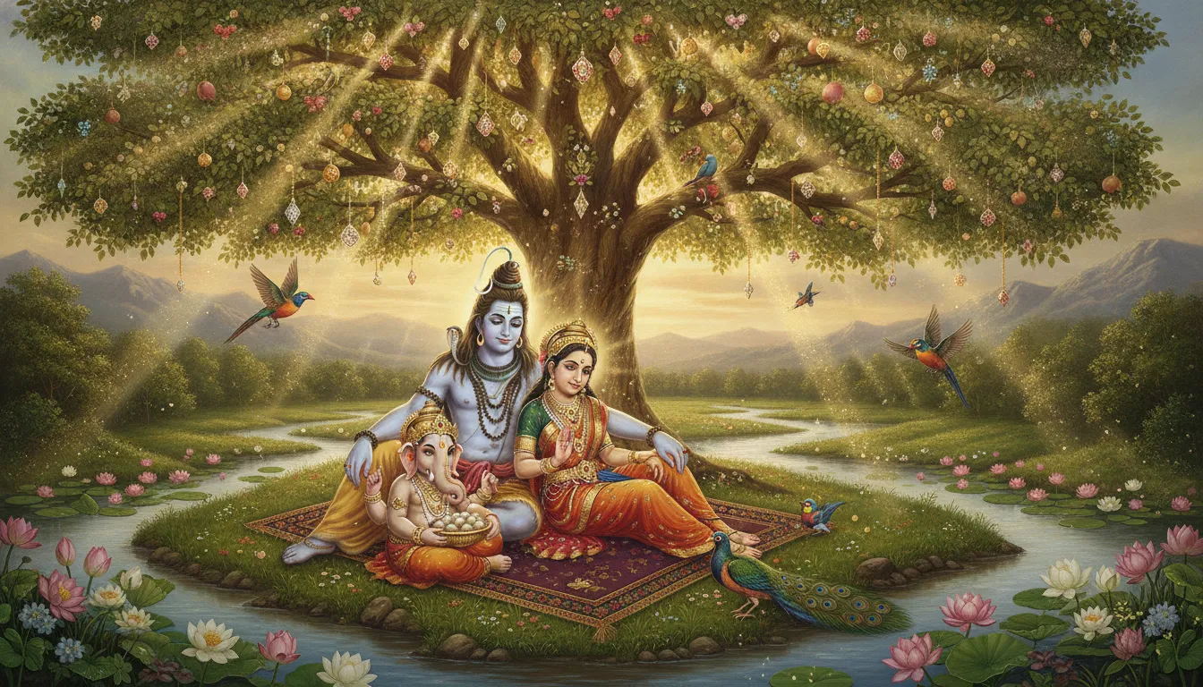 Lord Shiva family resting under the wish-fulfilling divine tree in a lush landscape