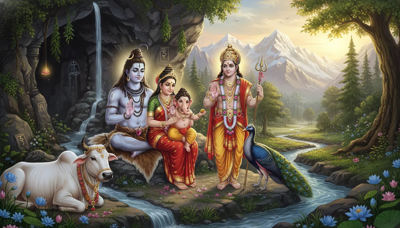 shiva parvati divine family with ganesha kartikeya nandi kailash mountain