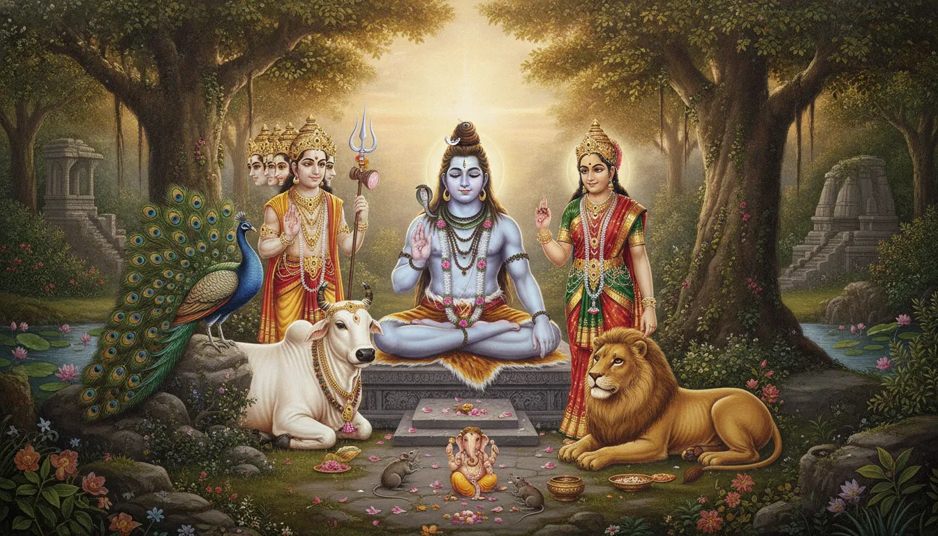 Shiva Parvati family portrait including Nandi the bull, the mouse, and the peacock