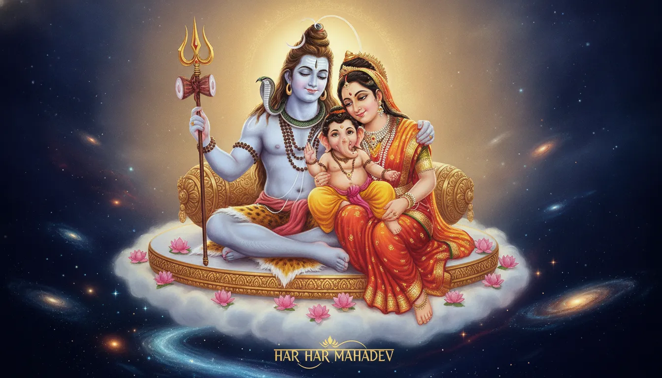 Warm and affectionate image of Lord Shiva’s divine family (Shiv Parivar) for Har Har Mahadev Ka Photo