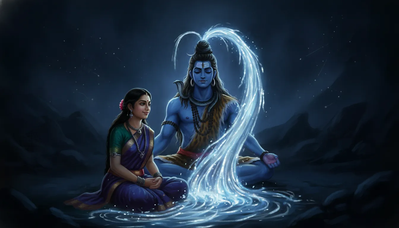 Spiritual dark artwork of Shiva and Parvati with the river Ganga flowing in the background