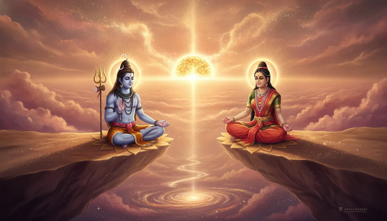 Peaceful artwork of Shiva and Parvati meditating during a golden cosmic dawn with soft spiritual light