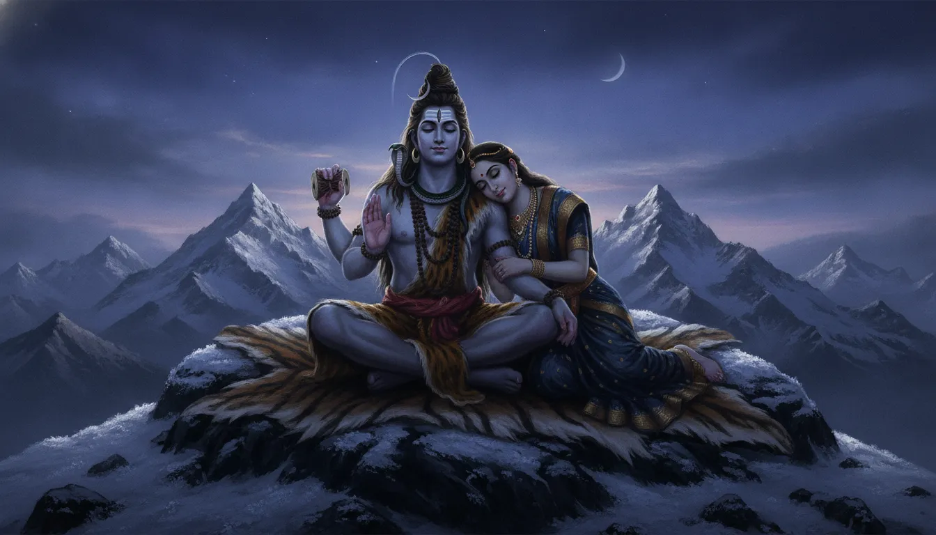 Dark artistic painting of Shiva and Parvati sitting together at Mount Kailash during twilight